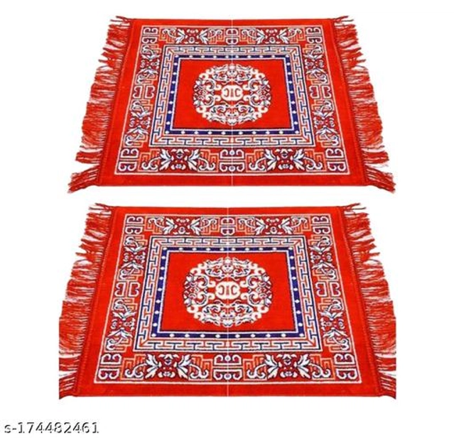 Cotton Pooja Mat (Red, 19x19 inches) (Pack of 2)