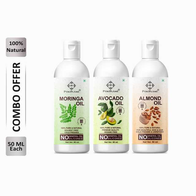 Puriflame Pure Moringa Oil (50 ml), Avocado Oil (50 ml) & Almond Oil (50 ml) Combo for Rapid Hair Growth (Pack of 3) (B-11689)