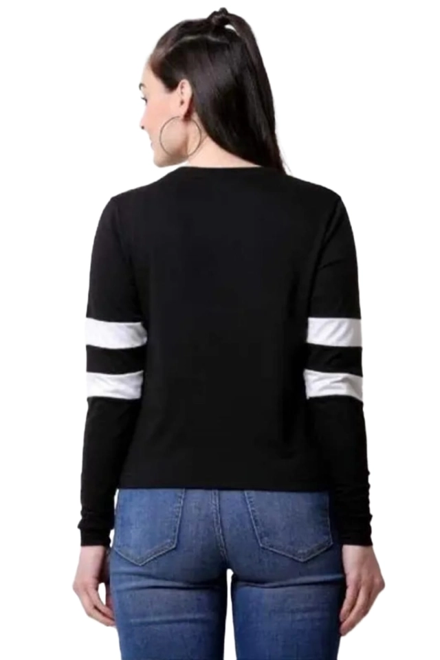 Round Neck Full Sleeves Printed T-Shirt for Women (Black, S)