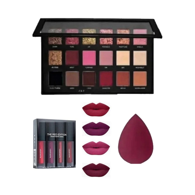 Combo of Eye Shadow Palette with 4 Pcs Mini Lipsticks & Makeup Blender (Multicolor, Set of 3)