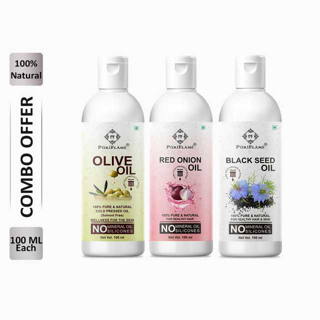 PuriFlame Pure Olive Oil (100 ml) & Red Onion Oil (100 ml) & Blackseed Oil (100 ml) Combo For Rapid Hair Growth (Pack Of 3) (B-6286)