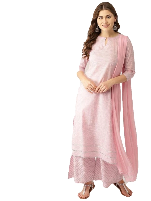 Cotton Blend Solid Kurta with Bottomwear for Women (Pink, S)