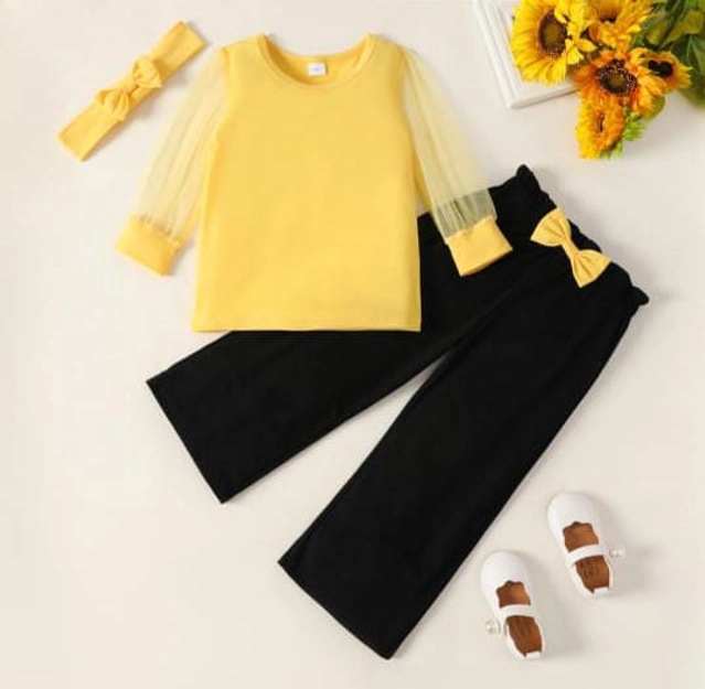 Crepe Solid Clothing Set for Girls (Yellow & Black, 9-12 Months)