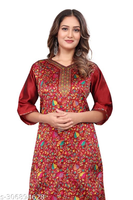 Pashmina Embroidered Kurti for Women (Red, L)