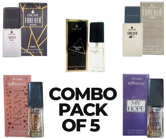 Combo of Oscar Forever Paris Grey 10 ml, Forever Black Perfume 10 ml, Forever Thunder Boy Perfume 10 ml, Dreams Perfume 15ml, & My Hope Perfume 15 ml (Pack of 5)