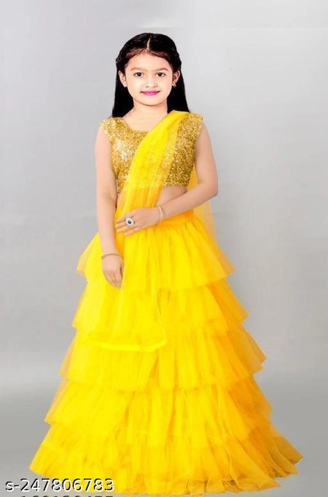 Net Solid Lehenga Choli with Dupatta for Girls (Yellow, 1-2 Years)