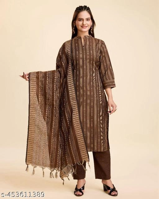 Cotton Printed Kurti with Pant & Dupatta for Women (Brown, S)