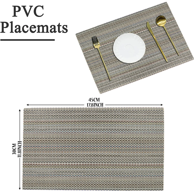 PVC Waterproof Rectangle Striped Table Mats (Gold, 45x30 cm) (Pack of 2)