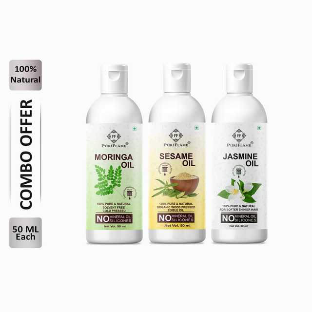 Puriflame Pure Moringa Oil (50 ml), Sesame Oil (50 ml) & Jasmine Oil (50 ml) Combo for Rapid Hair Growth (Pack of 3) (B-11935)