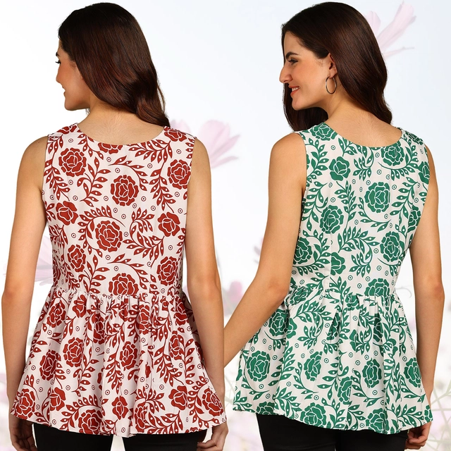 Rayon Printed Flared Top for Women (Red & Green, S) (Pack of 2)