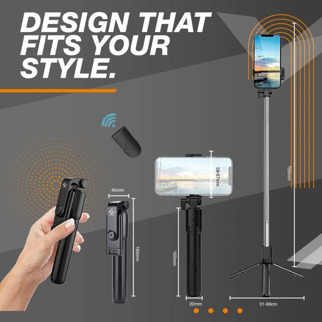 Selfie Stick R1 With Tripod Stand (Black)