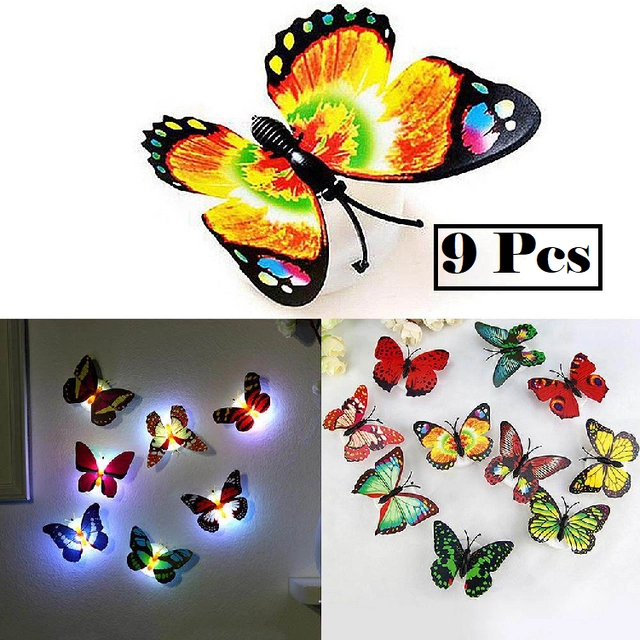 Plastic LED 3D Butterfly Wall Stickers (Multicolor, Pack of 9)