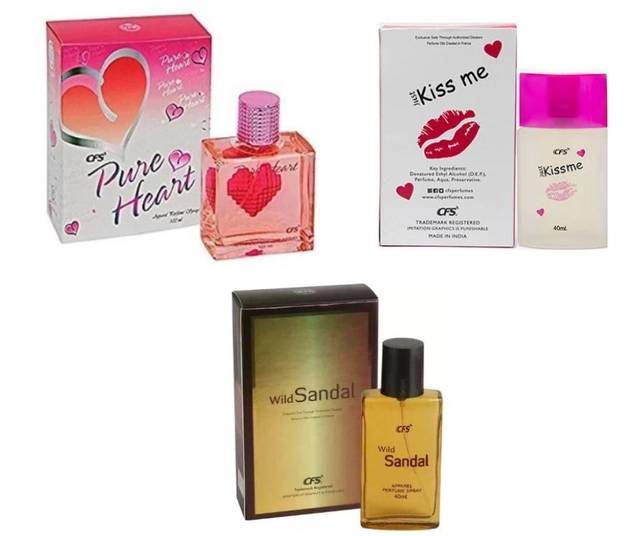 Combo of CFS Pure Heart Pink with Kiss Me & Wild Sandal Perfumes for Men & Women (40 ml, Pack of 3)