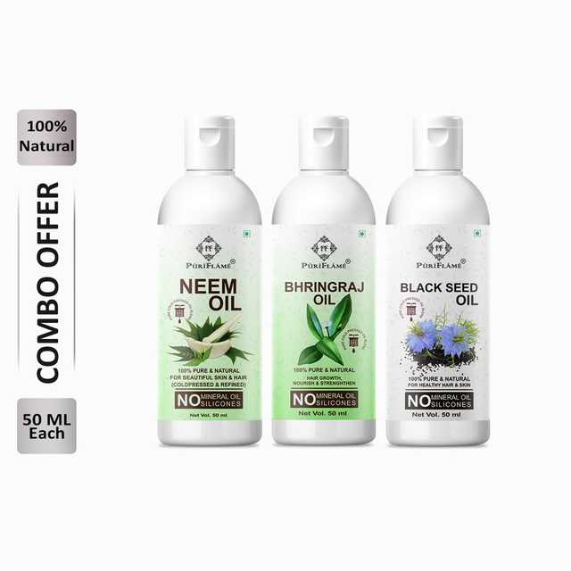 Puriflame Pure Neem Oil (50 ml), Bhringraj Oil (50 ml) & Black Seed Oil (50 ml) Combo for Rapid Hair Growth (Pack Of 3) (B-12014)