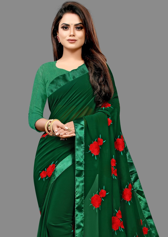 Georgette Embroidered Saree for Women (Bottle Green, 6.3 m)