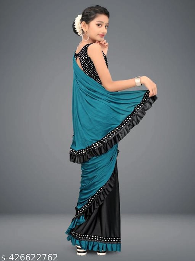 Checked Fancy Saree for Girls with Blouse (Teal & Black, 3-4 Years)