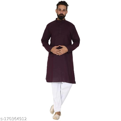 Cotton Blend Solid Kurta with Pyjama for Men (Brown & White, S)