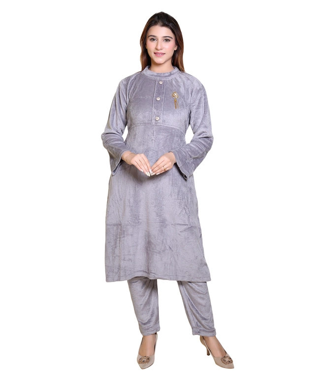 Super Soft Solid Kurti with Pant for Women (Grey, XXL)