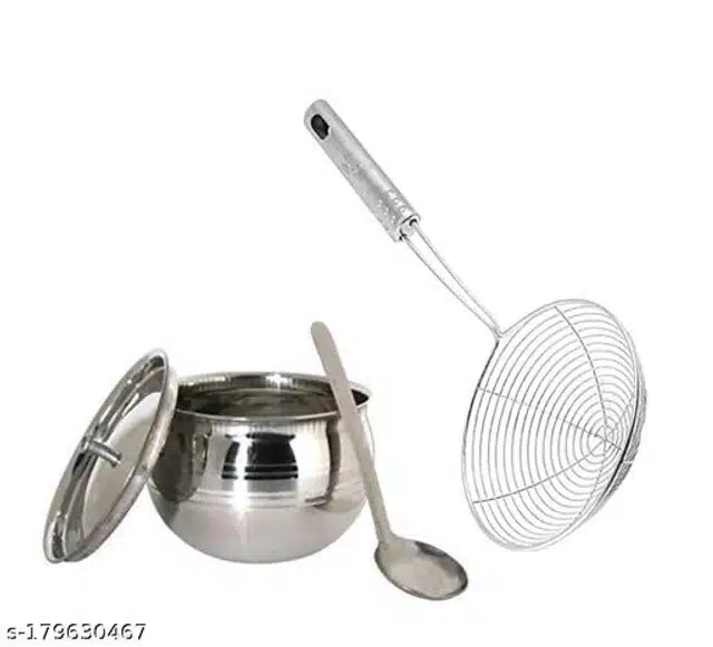 Stainless Steel Oil Container Pot Set with Deep Frying Strainer (Silver, Set of 2)