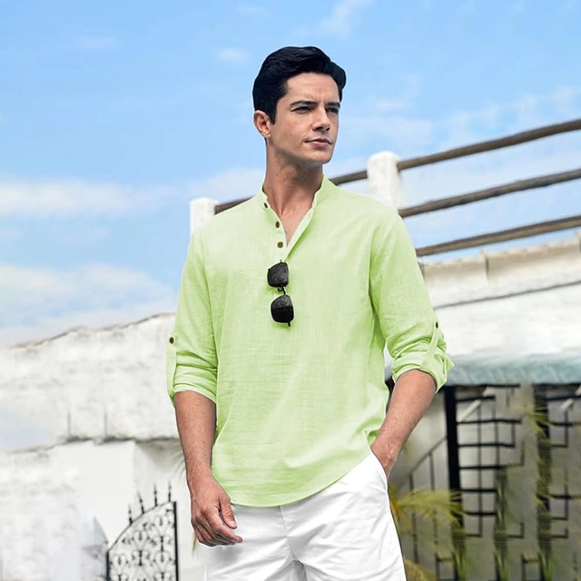 Cotton Solid Kurta for Men (Mint Green, S)