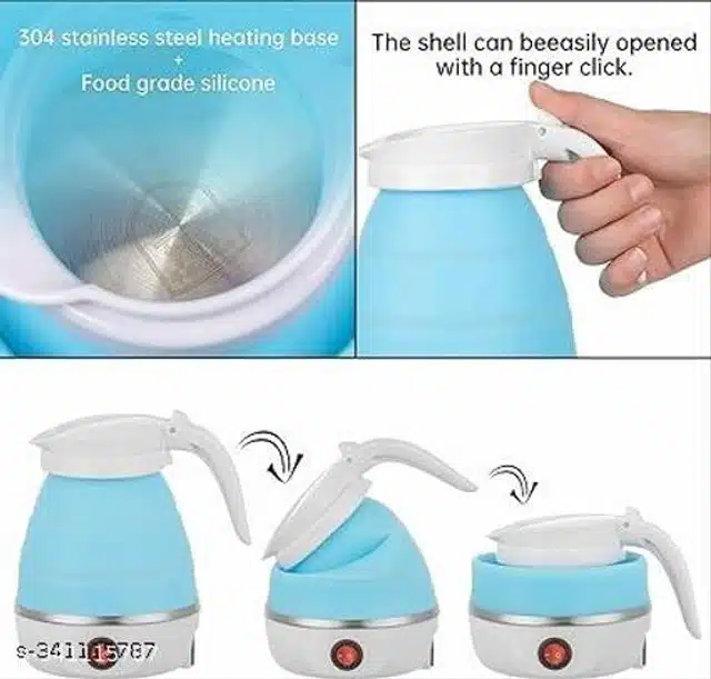 Silicone Collapsible Portable Electric Kettle (White & Blue, 600 ml)