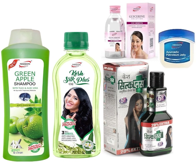 Combo of Nimson Kesh Silk Plus Herbal Hair Oil (450 ml), Kesh Silk Plus Ayurvedic Hair Oil (120 ml), Green Apple Shampoo (500 ml), Glycerine (50 g) & Petroleum Jelly (42 ml) (Set of 5)