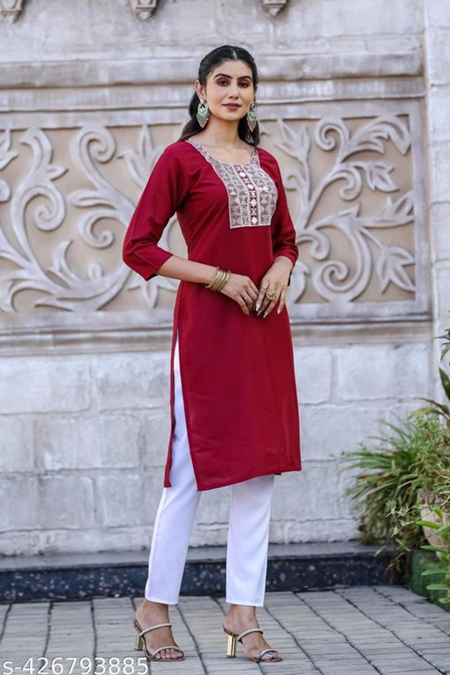 Cotton Embroidered Kurti for Women (Maroon, S)