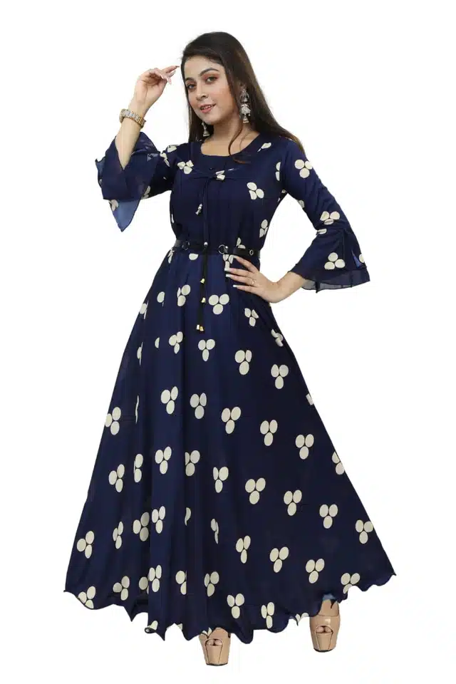 Three Quarter Sleeves Gown for Girls (Navy Blue, 10-11 Years)