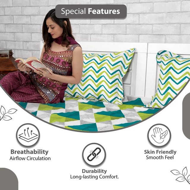 Microfiber Printed Bedsheet for Double Bed with 2 Pillow Covers (Green & Teal, 86x90 inches)