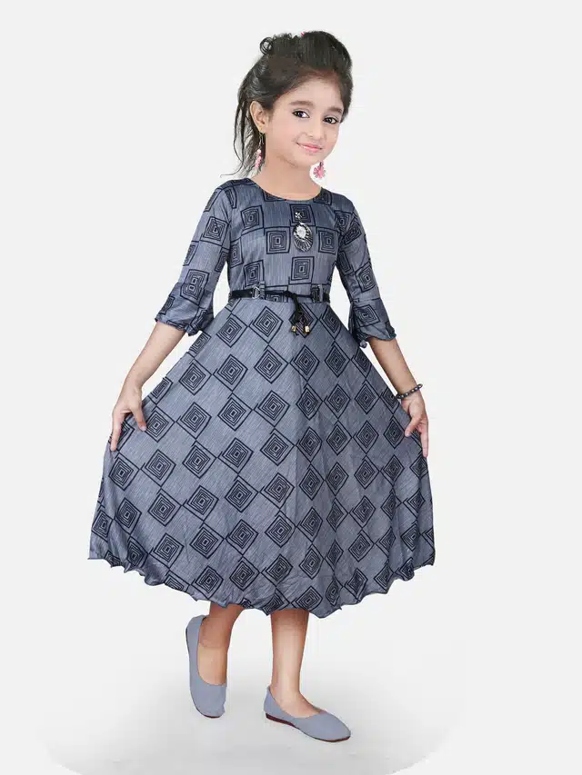 Three Quarter Sleeves Gown for Girls (Grey, 8-9 Years)