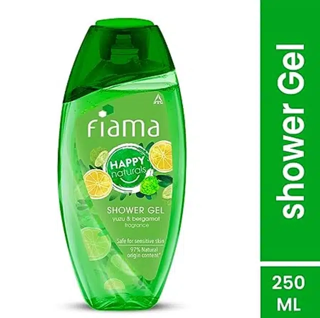 Fiama Happy Naturals shower gel, yuzu and bergamot with 97% natural origin content, skin conditioners for moisturized skin 250 ml