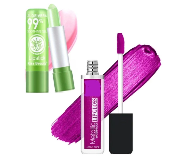 Combo of Metallic Waterproof Lip Gloss (6 ml) with Aloevera Lip Balm (Magenta, Set of 2)