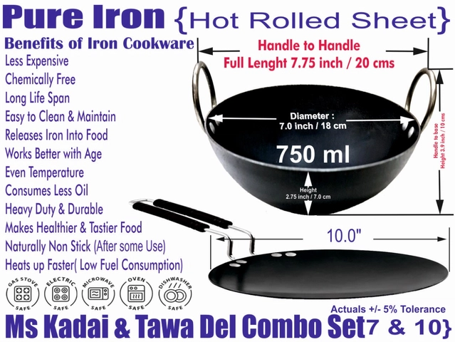 Iron Non Coated Kadai (0.5 L) with Tawa (Black, Set of 2)