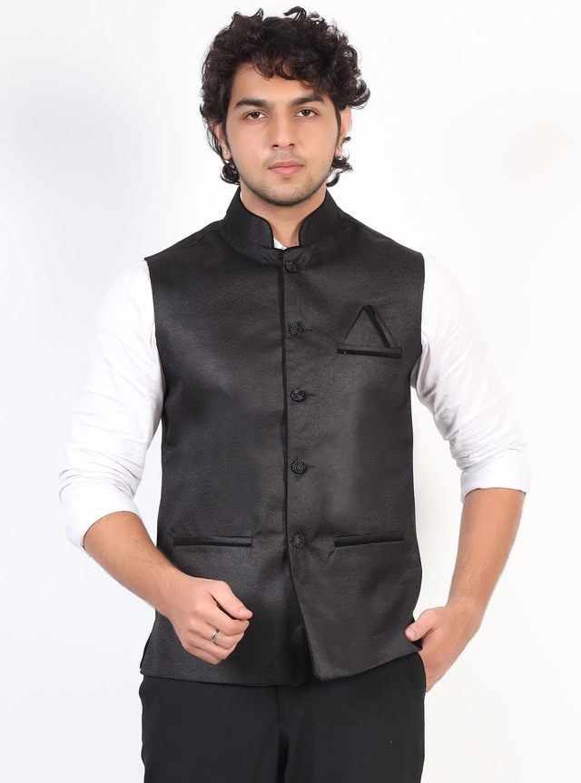 Jute Khadi Solid Waistcoat for Men (Black, M)