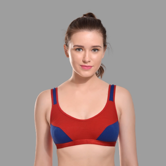 Cotton Colorblocked Non-Padded Sports Bra for Women (Red, 28)