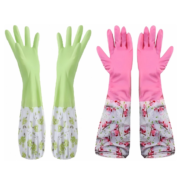 PVC Latex Kitchen Dishwashing Cleaning Gloves (Multicolor, Set of 2)