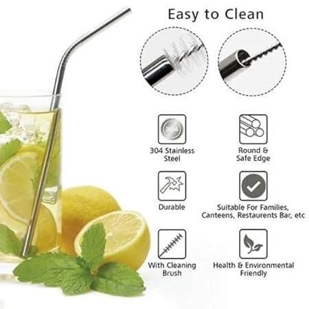 Stainless Steel Reusable 4 Pcs Straws with Cleaning Brush (Silver, Set of 1)