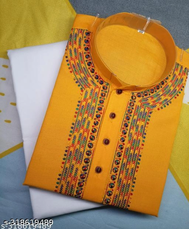 Cotton Embroidered Kurta with Pyjama for Men (Yellow & White, M)