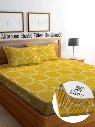 Glace Cotton Fitted Bedsheet With 2 Pillow Covers (Yellow, 90x90 inches)