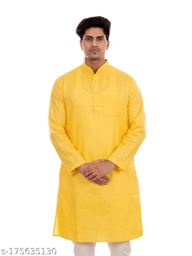 Cotton Blend Kurta for Men (Yellow, S)