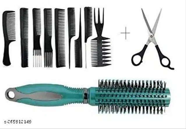 Combo of 10 Pcs Salon Hair Comb & Scissor with Round Comb (Multicolor, Set of 12)