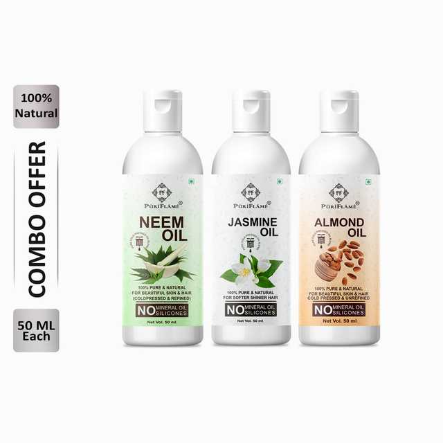 Puriflame Pure Neem Oil (50 ml), Jasmine Oil (50 ml) & Almond Oil (50 ml) Combo for Rapid Hair Growth (Pack of 3) (B-12114)