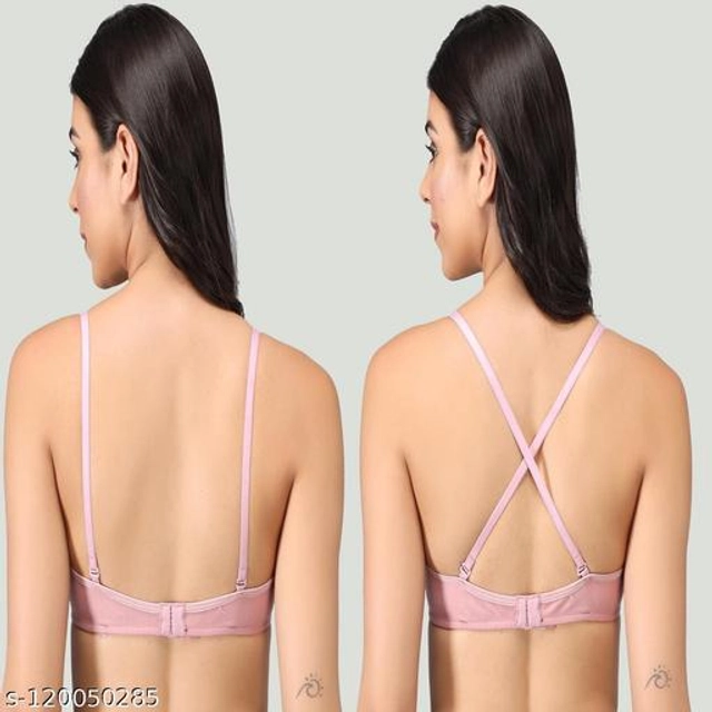 Cotton Blend Solid Padded Bra for Women (Pink & Black, 30B) (Pack of 2)