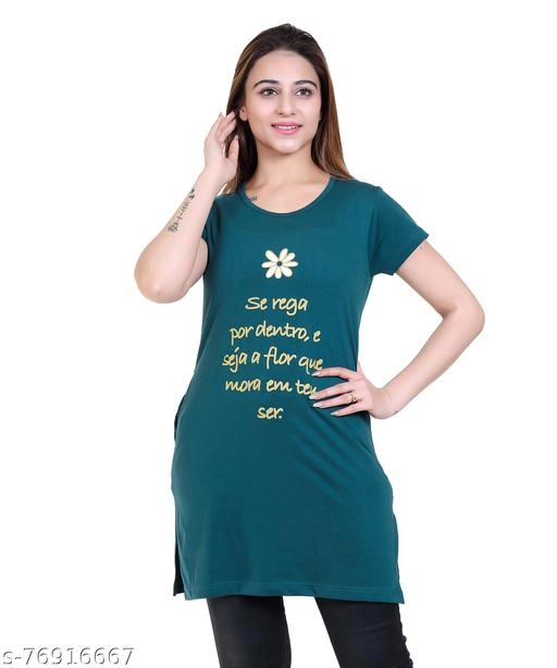 Round Neck Printed Long T-Shirt for Women (Bottle Green, L)