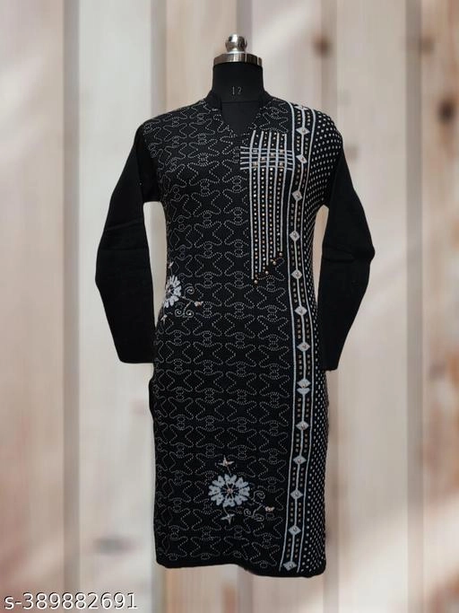 Woolen Printed Kurti for Women (Black, Free Size)