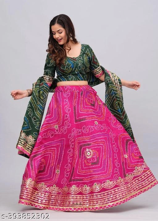 Kota Doriya Bandhani Semi Stitched Lehenga with Choli & Dupatta for Women (Green & Pink)