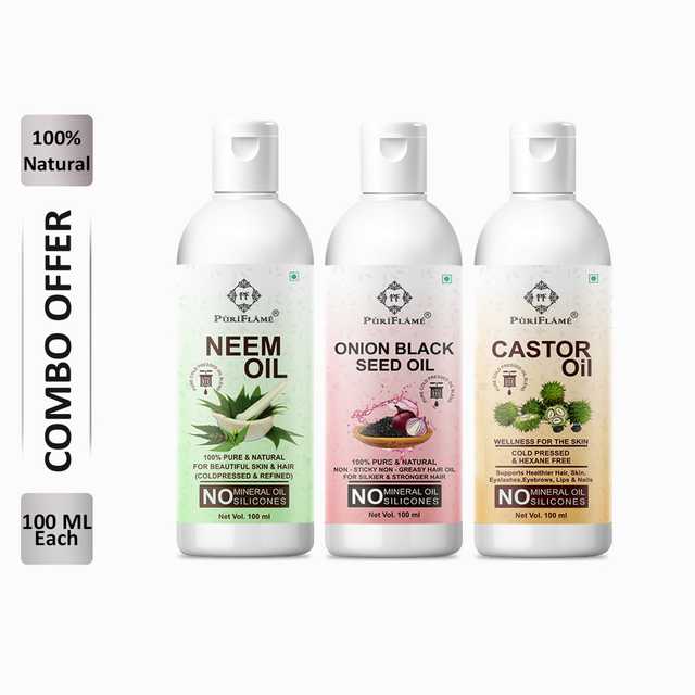 PuriFlame Pure Neem Oil (100 ml) & OnionBlackseed Oil (100 ml) & Castor Oil (100 ml) Combo For Rapid Hair Growth (Pack Of 3) (B-5927)