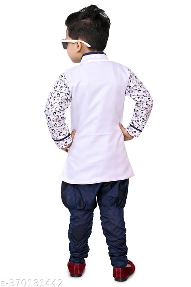 Cotton Blend Sherwani for Boys (White & Navy Blue, 9-12 Months)