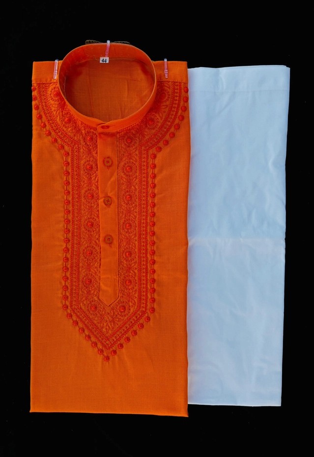 Cotton Embroidered Kurta with Pyjama for Men (Orange & White, M)