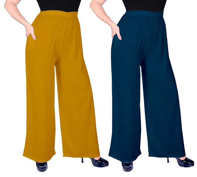 Mevaba Casual Viscose Blend Women Solid Palazzo (Pack Of 2, Mustard & Morpeach blue ) (SS-271)